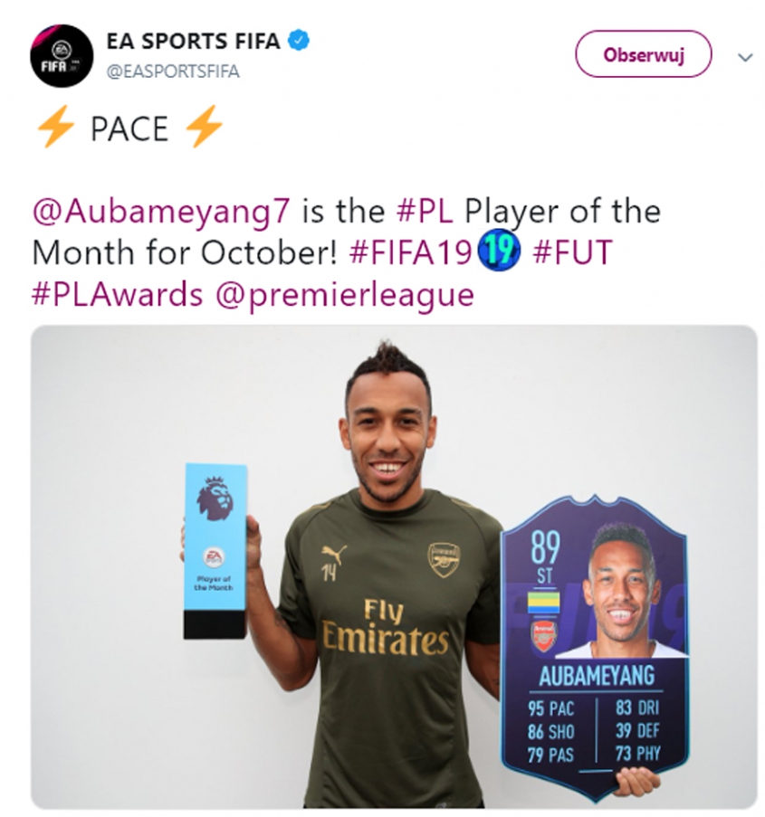 Aubameyanga piłkarzem miesiąca Premier League!